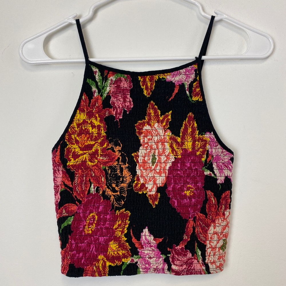 Xhilaration Womens Size Medium Floral Shirred Tank Top Flawed Black